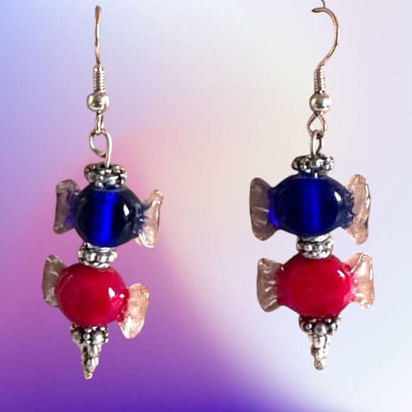 Red and Blue Lampwork .925 Sterling Earrings #317 - Picture 3 of 6